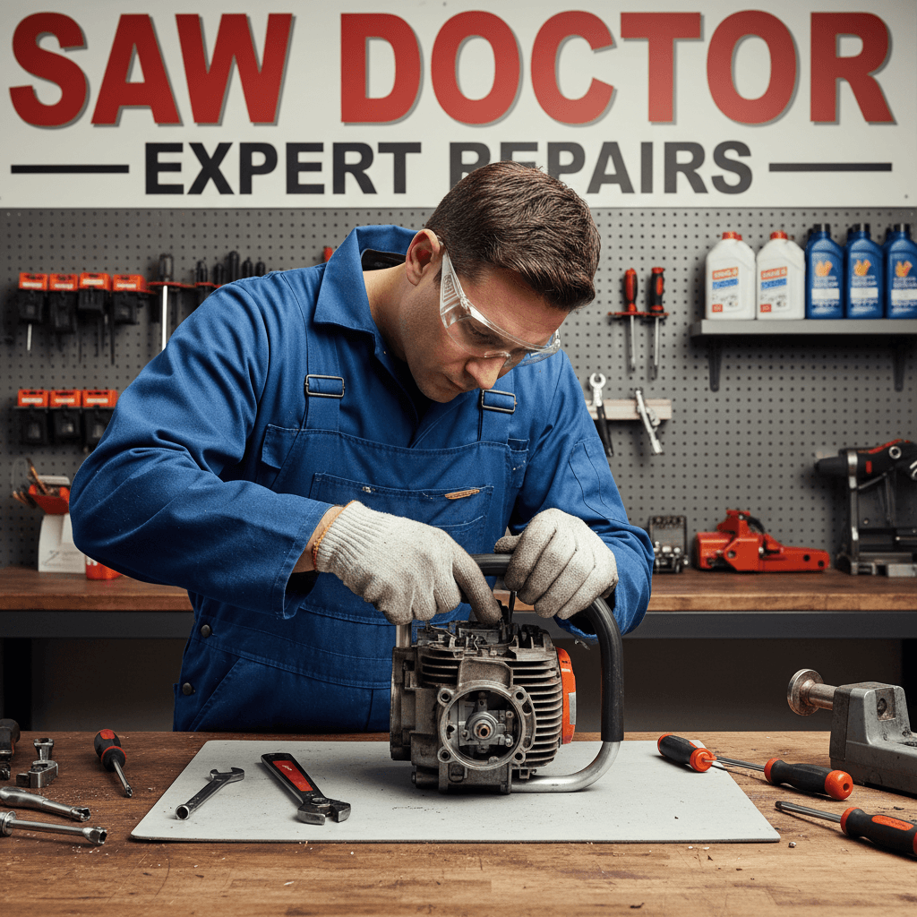 professional mechanic servicing chainsaw engine at repair shop workbench