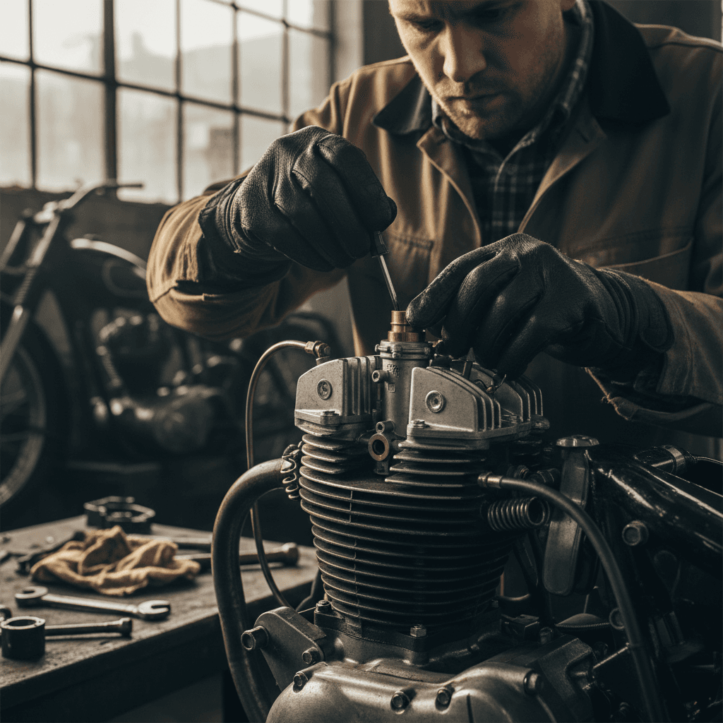 Small engine carburetor repair on a workbench