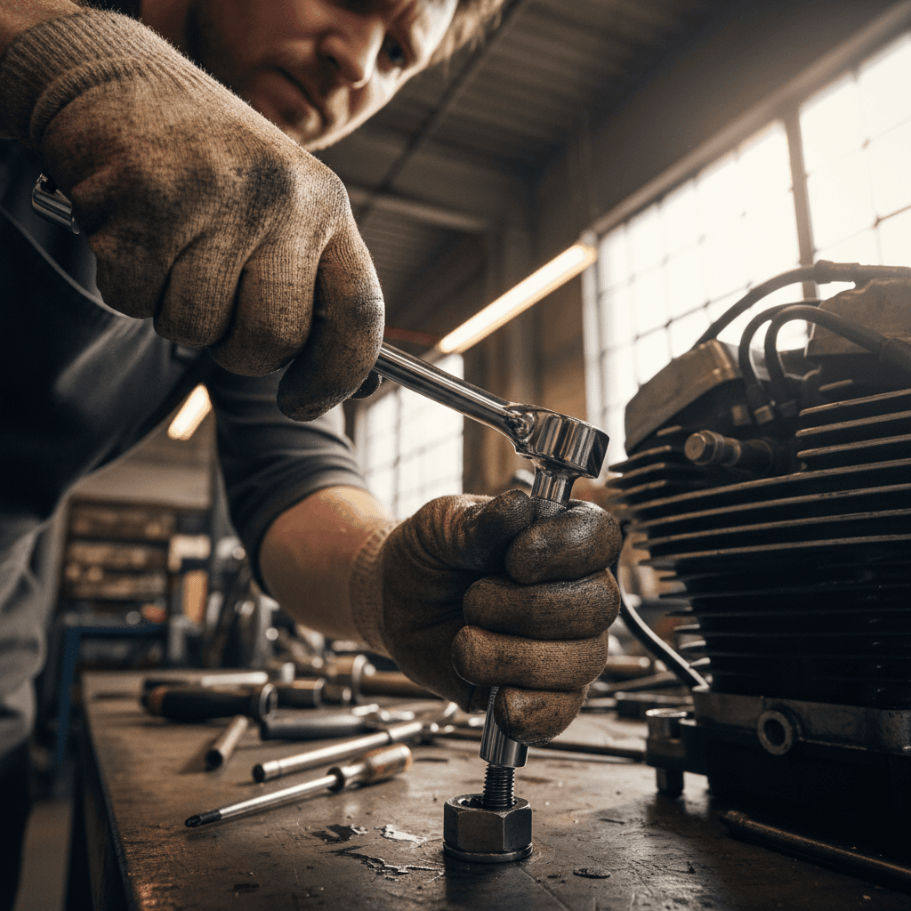 Repair shop mechanic with a fixed lawnmower