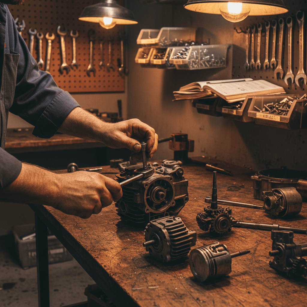 Small engine repair tools on a workbench at AG Lawnmower Shop in Sylmar