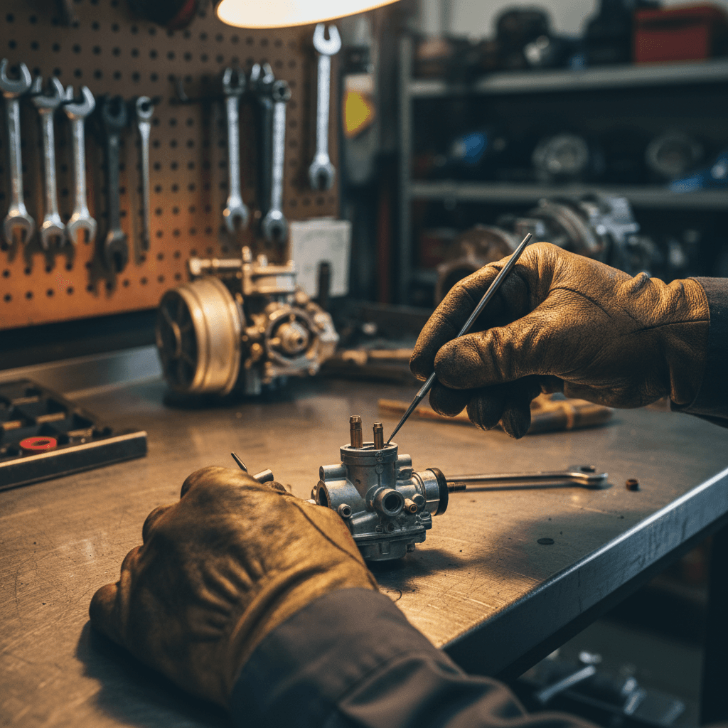 Mechanic repairing a lawnmower engine in a workshop