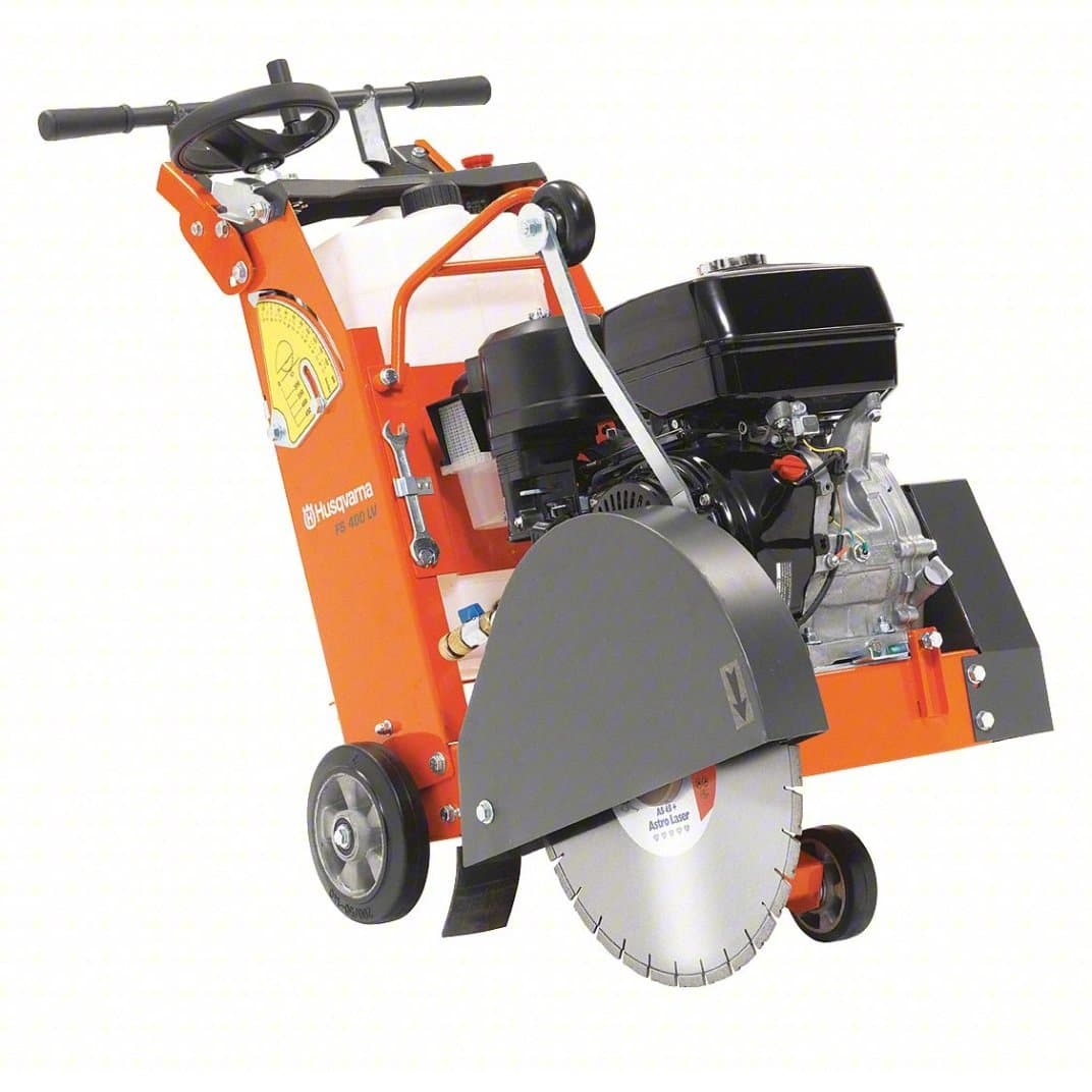 Husqvarna FS 400 LV walk-behind floor saw with an orange frame and large circular blade.