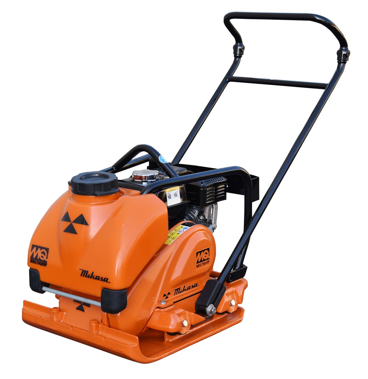 Orange Mikasa plate compactor with a black handle and water tank for construction and paving.