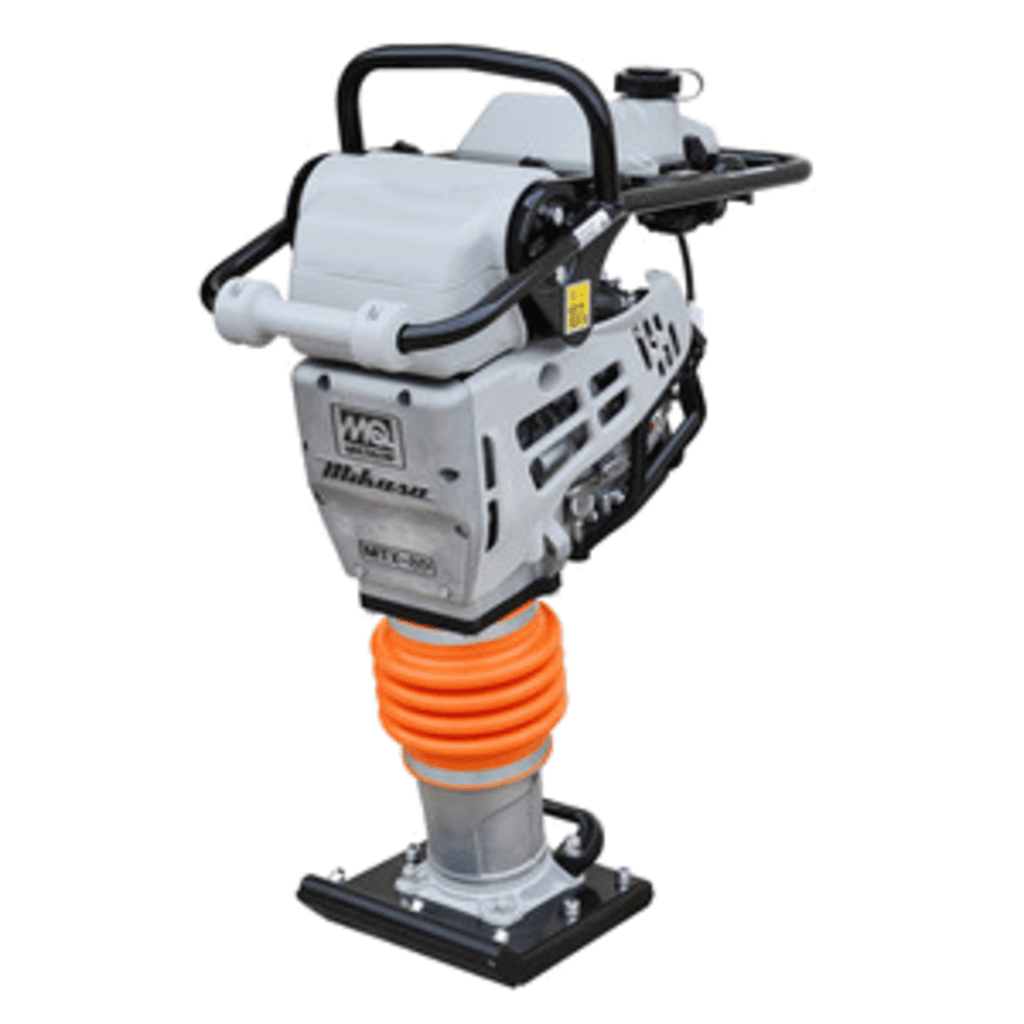 Mikasa MTX-60 tamping rammer featuring a grey body, black handles, and bright orange bellows.