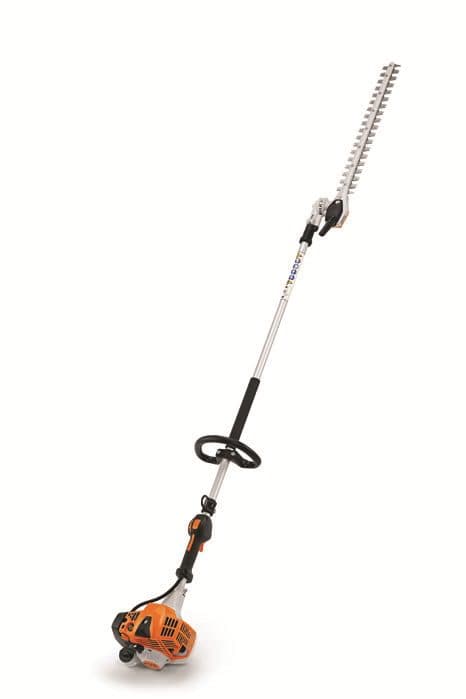 Gas-powered long-reach hedge trimmer with an orange engine and an adjustable articulating cutting blade.