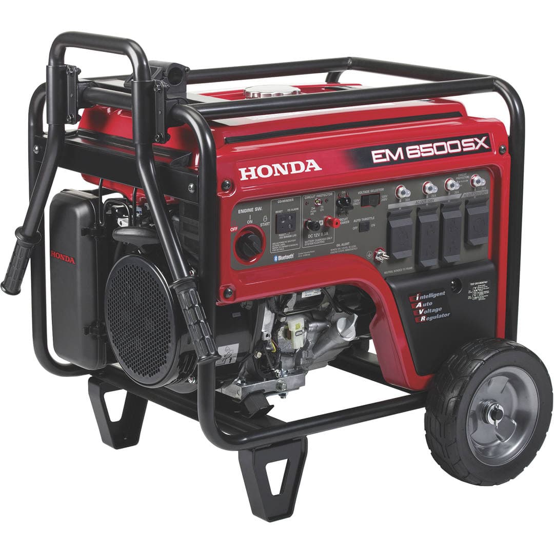 Red Honda EM6500SX portable generator featuring a black metal frame, control panel, and wheels.